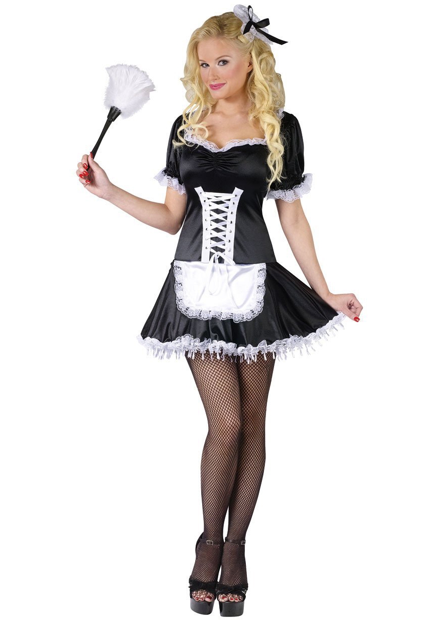 Blonde French Maid wearing Black Fishnet Pantyhose and Black High Heels